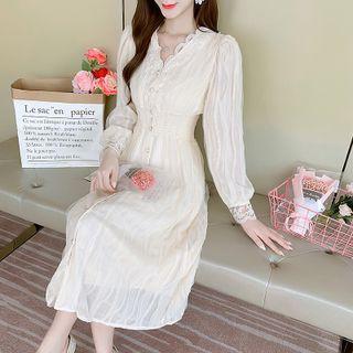 Long-sleeve V-neck Lace Panel A-line Dress