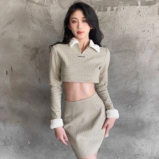 Fluffy Collar Cropped T-shirt / Mini Pencil Skirt