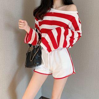 Striped One-shoulder Long-sleeve T-shirt / Contrast Trim Drawstring Shorts
