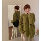 Plain Crewneck Loose-fit Cable-knit Sweater