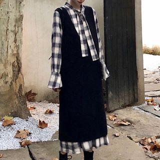 Long-sleeve Plaid Midi Shirtdress / Knit Long Vest