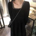 Square Neck Long-sleeve Midi A-line Dress Black - One Size