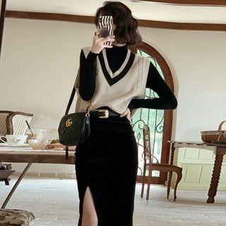Set: Long-sleeve Top + Sweater Vest + Midi Skirt + Belt