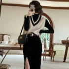 Set: Long-sleeve Top + Sweater Vest + Midi Skirt + Belt