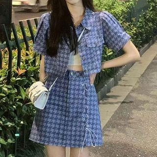 Set Of 2: Puff-sleeve Houndstooth Cropped Top & High-waist Houndstooth Slit Mini Skirt