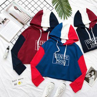 Color-block Lettering Loose-fit Cropped Hooded Pullover