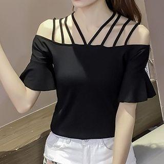 Lattice Open Shoulder Short-sleeve T-shirt