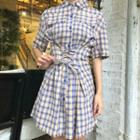 Plaid Short-sleeve Lace-up Shirtdress As Shown In Figure - One Size