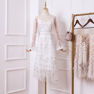 Set: Bell-sleeve Maxi Sequined Mesh Dress + Spaghetti Strap Dress