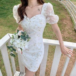 Floral Embroidered Short-sleeve Mini Sheath Dress