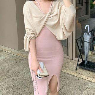 V-neck Knit Crop Top / Spaghetti Strap Midi Bodycon Dress
