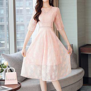 Elbow-sleeve Perforated Trim Lace A-line Dress