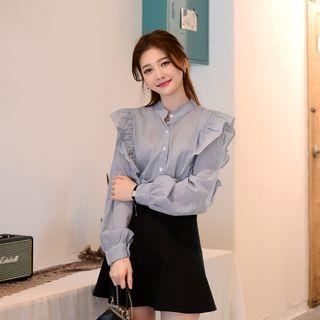 Mandarin-collar Frill-trim Plain / Stripe Blouse