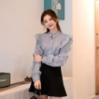 Mandarin-collar Frill-trim Plain / Stripe Blouse