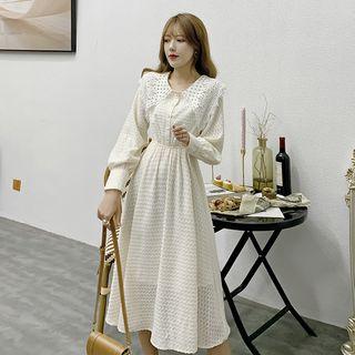 Crochet Collar Long-sleeve Fringed Midi A-line Dress