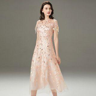 Short-sleeve Floral Embroidered Sequined A-line Mesh Cocktail Dress