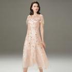 Short-sleeve Floral Embroidered Sequined A-line Mesh Cocktail Dress