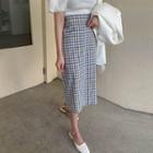 Puff-sleeve Ribbed Blouse / Gingham Midi A-line Skirt