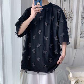 Elbow-sleeve Butterfly Mesh Overlay T-shirt