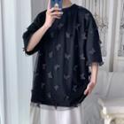 Elbow-sleeve Butterfly Mesh Overlay T-shirt