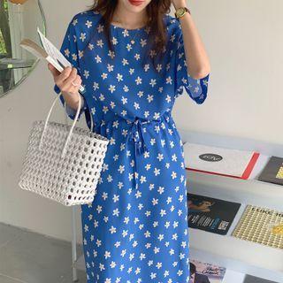 Short-sleeve Floral Print Midi Sheath Dress Blue - One Size