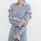 Long-sleeve Plaid Top Blue - One Size