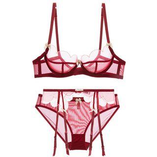 Set Of 4: Mesh Bralette + Mesh Panties + Mesh Garter + Stockings