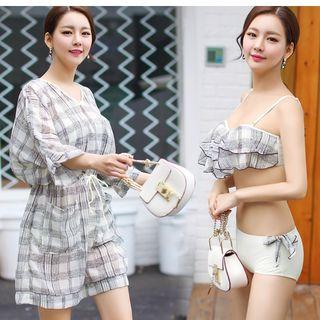 Set: Plaid Ruffle Trim Bikini + Cover-up