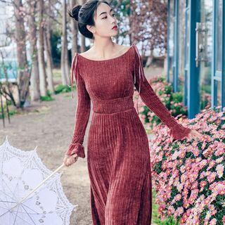 Boatneck Bell-sleeve A-line Maxi Velvet Dress