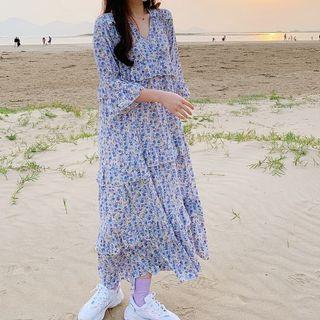 3/4-sleeve Flower Print Midi Shift Dress