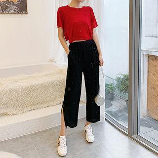 Glitter Open Back Short-sleeve Crop Top / Side-slit Cropped Wide-leg Pants / Set