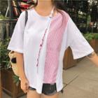Embroidered Strap Striped Elbow-sleeve T-shirt