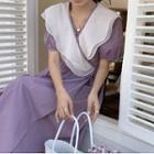 Short-sleeve Contrast Collar Midi A-line Dress Purple - One Size