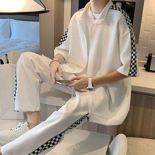 Set: Short-sleeve Check Trim Jacket + Pants