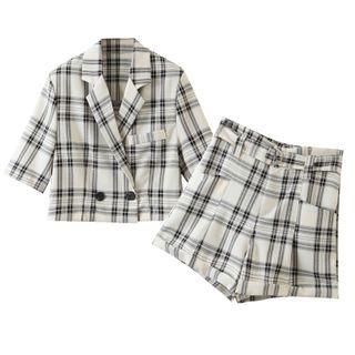 Plaid Short-sleeve Blouse / Shorts / Set