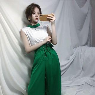 Lettering Sleeveless Top / Paperbag Wide Leg Pants