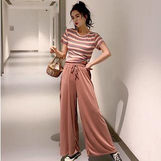 Short-sleeve Striped T-shirt / Wide-leg Pants / Set