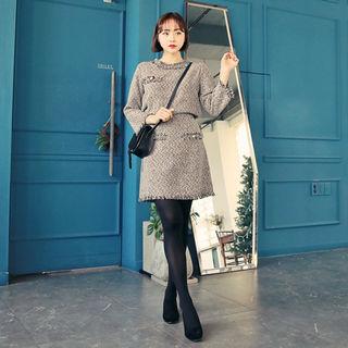 Set: Fringed-trim Tweed Top + A-line Skirt