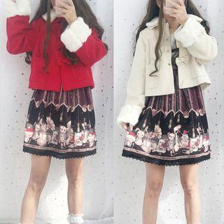 Pocketed Snap-button Cropped Coat / Printed A-line Dress