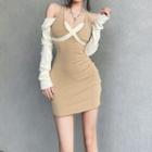 Long-sleeve Halter Two-tone Mini Sheath Dress