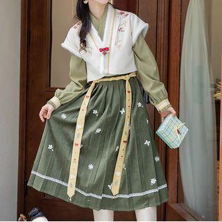 Traditional Long-sleeve Floral Embroidered Dress / Button-up Jacket / Set