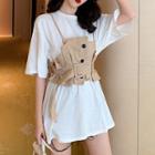 Set: Elbow-sleeve Mini T-shirt Dress + Spaghetti Strap Asymmetric Belted Top