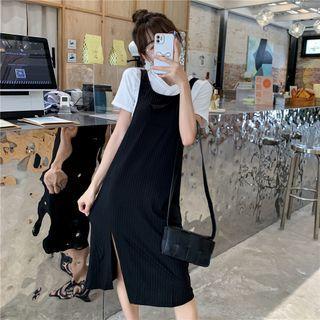 Short-sleeve T-shirt / Slit Midi A-line Overall Dress