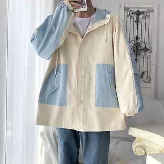 Mock Two-piece Two-tone Hooded Button Jacket