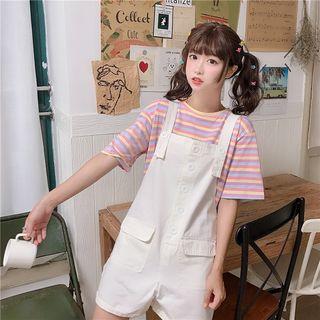 Rainbow Stripe Elbow-sleeve T-shirt / Pocketed Jumper Shorts