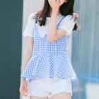 Set : Plain Short-sleeve T-shirt + Plaid Peplum Spaghetti Strap Top