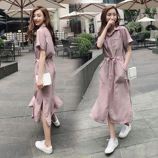 Short-sleeve Drawstring Waist Midi Shirt Dress