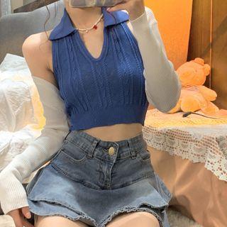 Collared Cable-knit Cropped Halter Top / Plain Cardigan