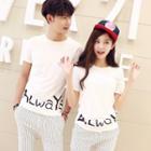 Couple Matching Lettering Short Sleeve T-shirt / Striped Cropped Pants