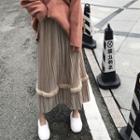 Faux Fur Trim Maxi Accordion Pleated Skirt